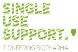Der Text "single use support pioneering biopharma" in fettgrün auf einem weißen Hintergrund.