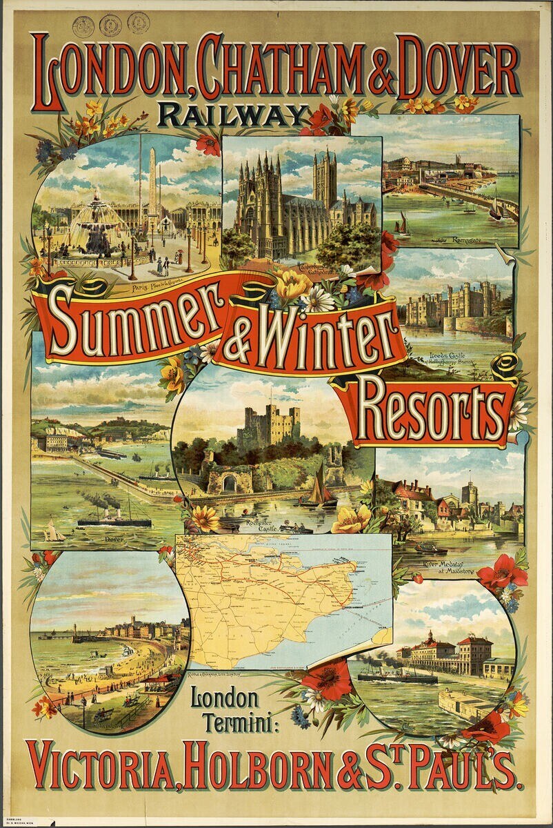 Plakat, das London, Chatham und Dover Railway's Sommer- und Winterresorts bewirbt, mit Abbildungen von Gebäuden, Bäumen, Blumen, einer Karte und beschreibendem Text.