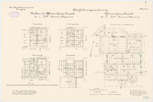 Schwarz-weißer Architekturentwurf des ehemaligen Bundeskanzleramts in der Bundesrepublik Deutschland, der detaillierte Layout- und Textangaben zeigt.
