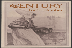 Eine Frau in einem weißen Kleid und blauer Schärpe hält einen Korb, ihr Haar ist zu einem Dutt gebunden, vor einem tiefblauen sternenklaren Nachthimmel mit den Worten "Das Jahrhundert für September" darüber.