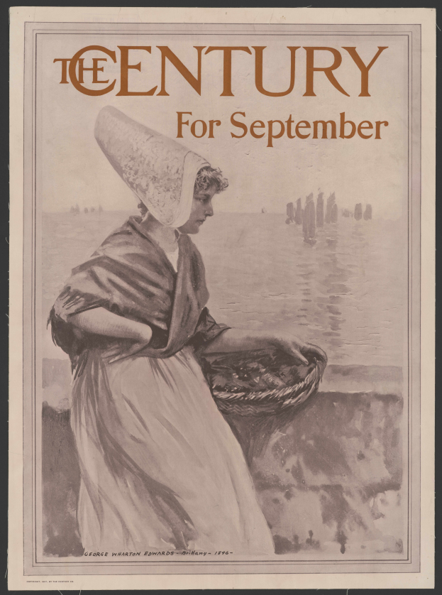 Eine Frau in einem weißen Kleid und blauer Schärpe hält einen Korb, ihr Haar ist zu einem Dutt gebunden, vor einem tiefblauen sternenklaren Nachthimmel mit den Worten "Das Jahrhundert für September" darüber.