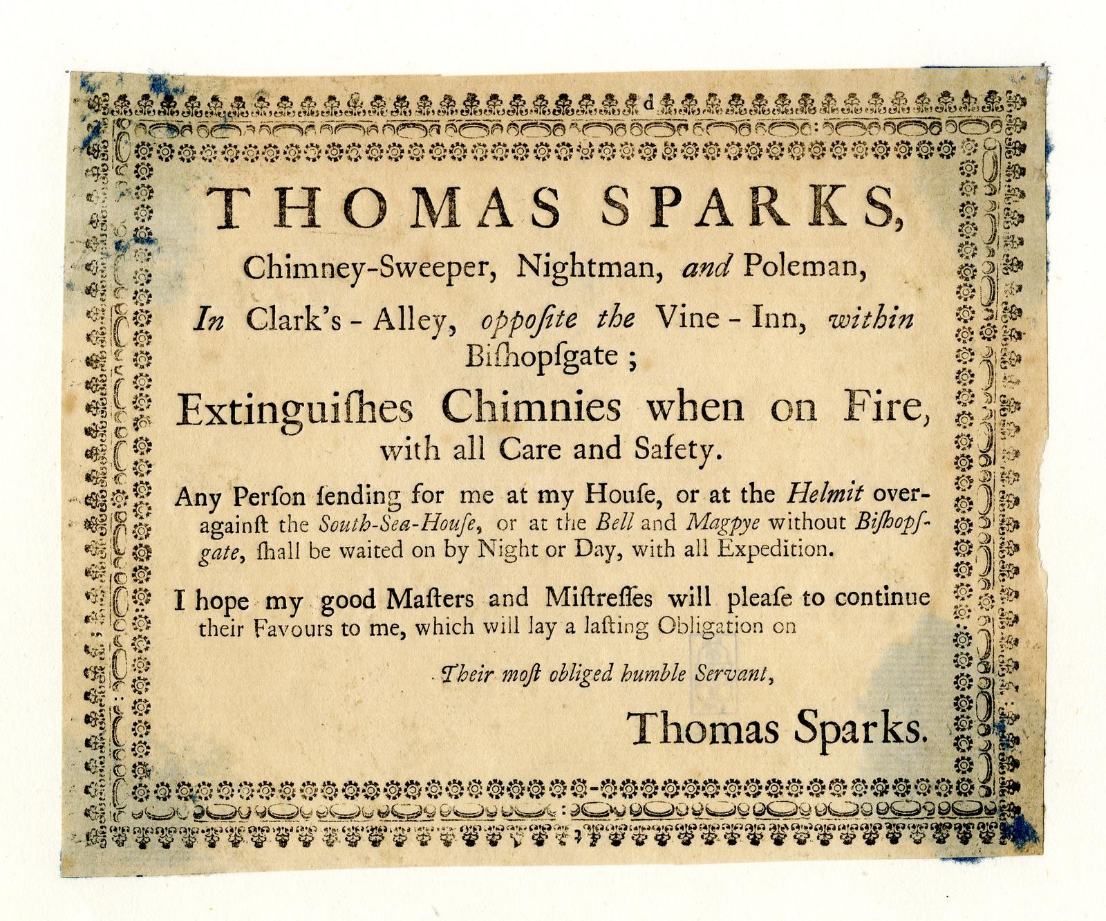 Papier mit gedrucktem Text, der die Dienstleistungen des Schornsteinfegers Thomas Sparks anpreist, einschließlich der überwachung von Schornsteinbränden, in Clark's Alley öffentlich zum Vine-Inn in Bishopsgate.
