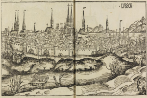 Offenes Buch mit einer detaillierten Illustration aus dem 16. Jahrhundert von Lwiw, Ukraine, das Gebäude, Bäume, Pflanzen, Wasser und Text auf den Seiten zeigt.