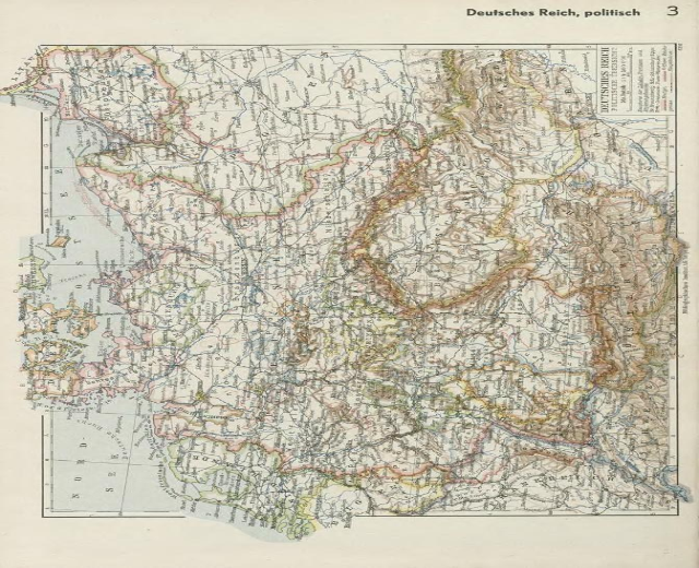 Eine Karte von Deutschland aus dem 19. Jahrhundert, die die politischen Grenzen zeigt, auf altem Papier gedruckt mit Text oben und unten.