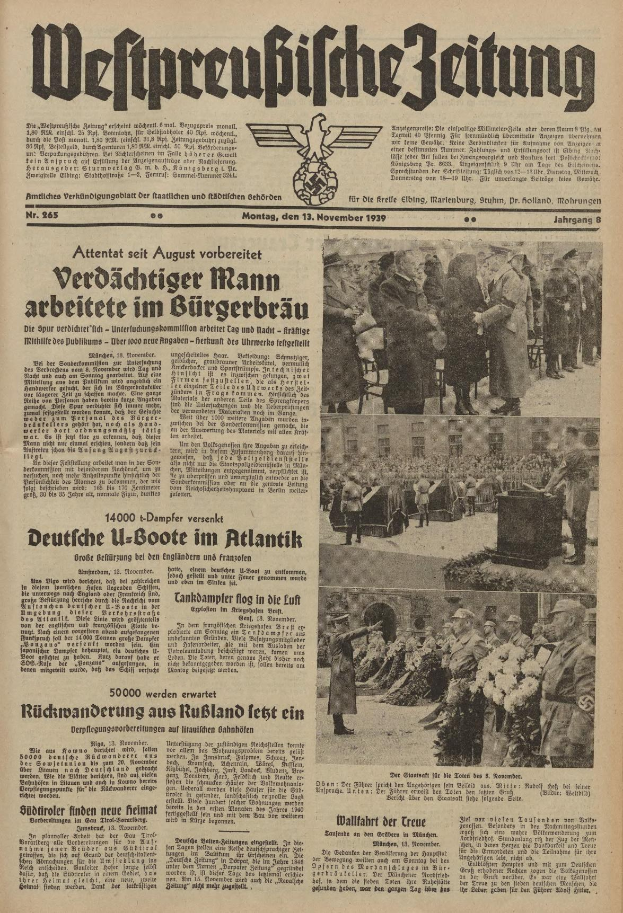 Schwarze und weiße Titelseite einer deutschen Zeitung vom 13. November 1939 mit der überschrift "Weitpreubliche Zeitung", die eine Gruppe von Menschen in traditioneller deutscher Kleidung in einer feierlichen Szenerie zeigt.