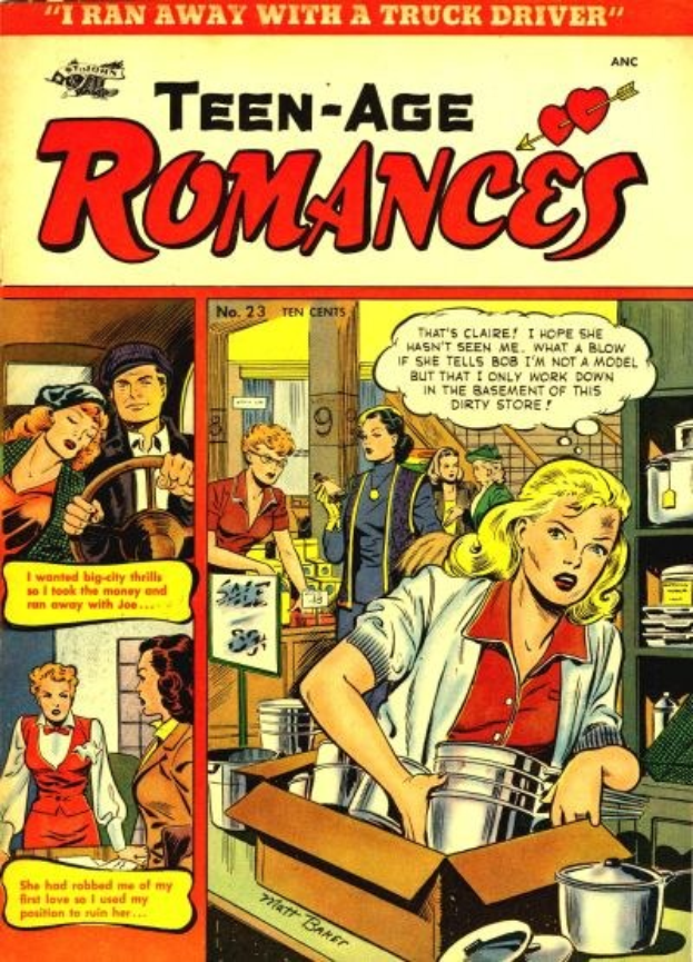 Ein bunter Plakat titled 'Teen-Age Romances 23-A by DC' zeigt eine Gruppe von lachenden Menschen in einer romantischen Umarmung.