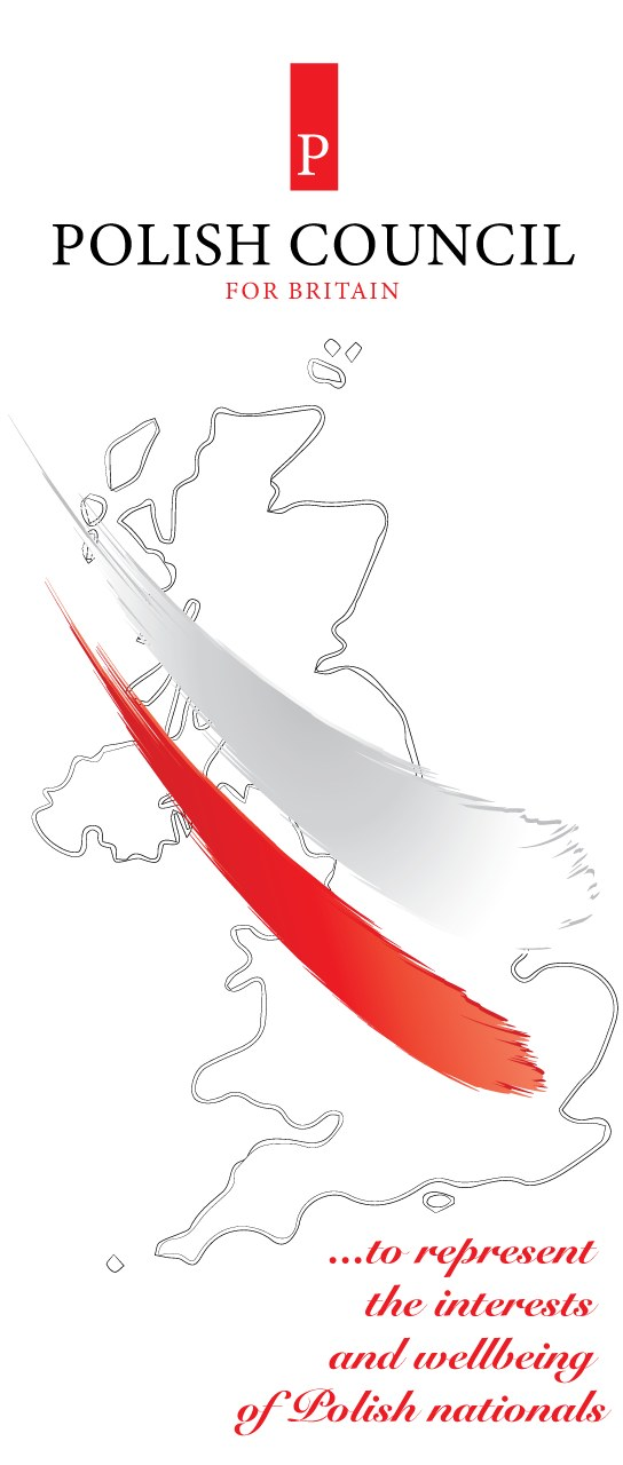 Plakat für den Polnischen Rat für Großbritannien mit einem blauen Schild-Logo mit einem weißen Stern und einem weißen Rand und fetter schwarzer Schrift, die "Polnischer Rat" lautet.