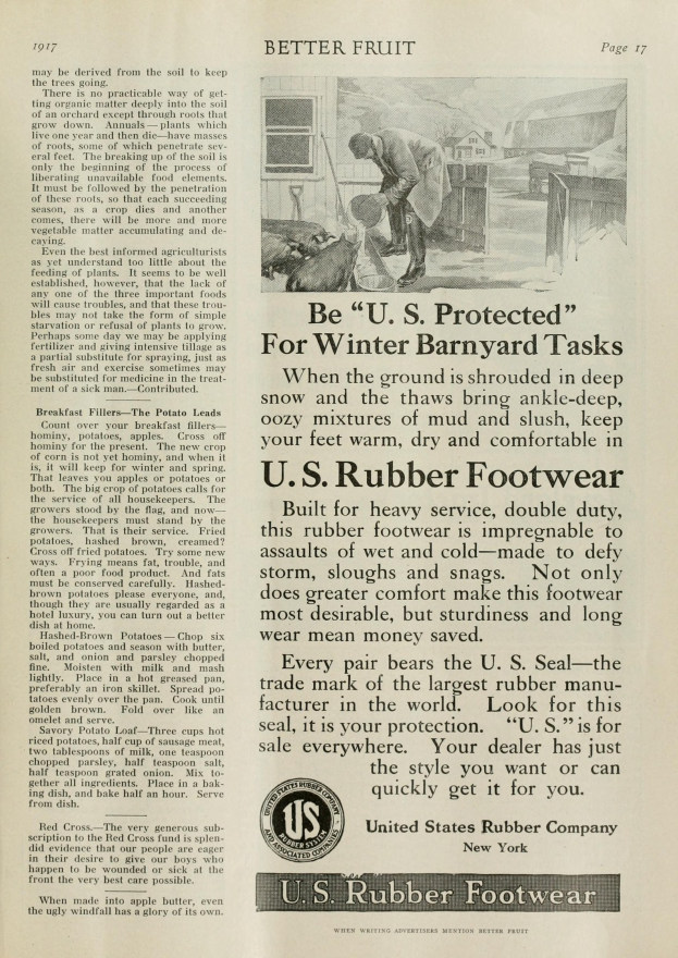 Anzeige für U.S. Gummi-Schuhe mit einem Mann, der das Schuhwerk trägt und beschreibenden Text.