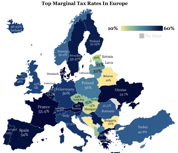 Eine Europakarte mit Farben, die die Spitzensatzsteuer in jedem Land anzeigen, mit der Überschrift "Spitzensatzsteuern in Europa."