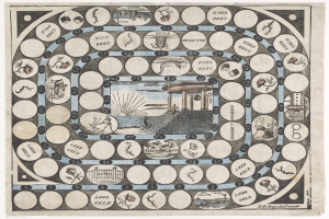 Ein Brettspiel mit zahlreichen Kreisen, das ein zentrales Bild eines vor einem Gebäude stehenden Menschen zeigt, umgeben von Bäumen, Wasser und Himmel, mit Zahlen und Bildern, die darauf hindeuten, dass es Siedler von Catan ist.