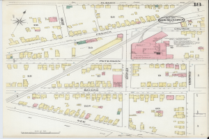 Ein gerahmtes, detailliertes altes Stadtplan von New Brunswick, New Brunswick, der Gebäude, Straßen und andere Merkmale zeigt.
