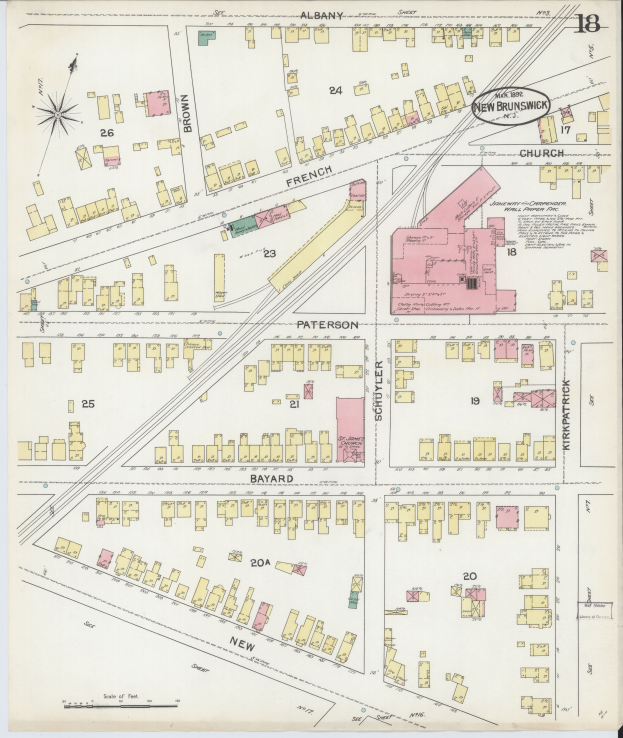 Ein gerahmtes, detailliertes altes Stadtplan von New Brunswick, New Brunswick, der Gebäude, Straßen und andere Merkmale zeigt.