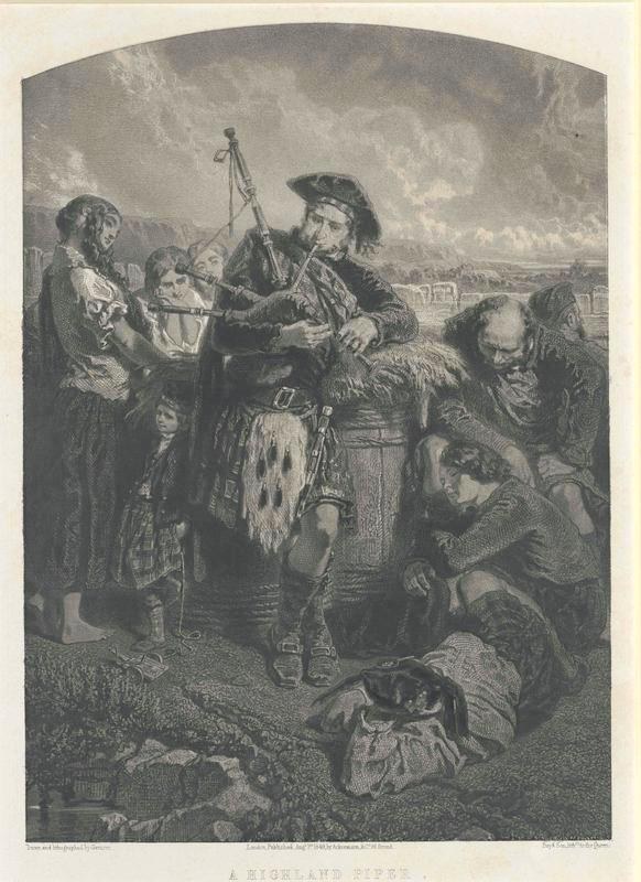 Schwarze und weiße Gravur eines Mannes, der vor einer Gruppe von Menschen unter einem bewölkten Himmel eine Dudelsackpfeife spielt, mit der Inschrift "Ein Highland-Pfeifer" unten.