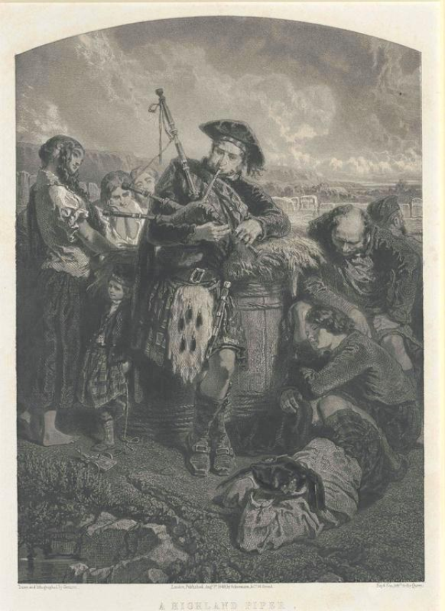 Schwarze und weiße Gravur eines Mannes, der vor einer Gruppe von Menschen unter einem bewölkten Himmel eine Dudelsackpfeife spielt, mit der Inschrift "Ein Highland-Pfeifer" unten.
