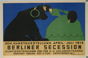 Ein Vintage-Plakat für die Berliner Secession im Jahr 1913, das eine Frau mit einem Hund zeigt, mit Text zu den Ereignisdetails.