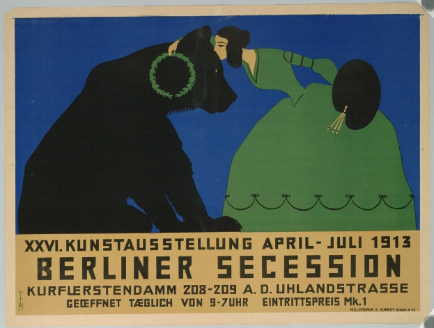 Ein Vintage-Plakat für die Berliner Secession im Jahr 1913, das eine Frau mit einem Hund zeigt, mit Text zu den Ereignisdetails.