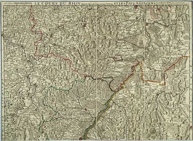 Alte Karte des Rheinlands-Pfalz-Gebiets in Frankreich, mit dem Rheinfluss, auf Papier gedruckt mit Text oben und unten.
