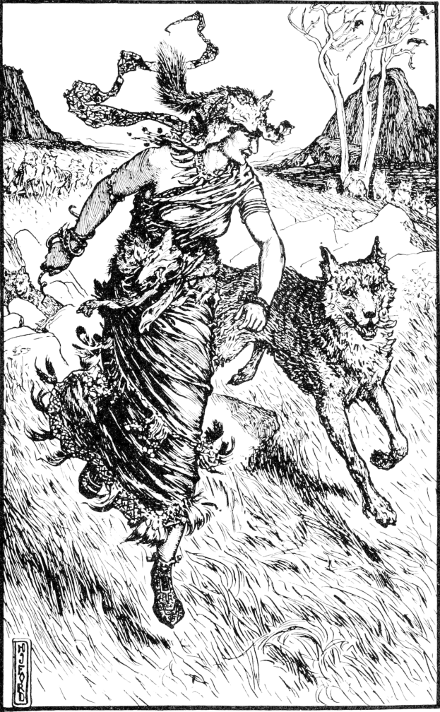 Schwarze und weiße Illustration einer Frau, die neben einem Wolf durch eine Waldlandschaft mit Hügeln und Himmel läuft, mit der Beschriftung 'Der Wolf und die Frau' unten.