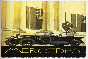 Vintage-Mercedes-Benz-Plakat aus den 1920er Jahren, das ein klassisches Auto zeigt, das vor einem modernen Glasgebäude mit zwei Personen im Auto geparkt ist, mit großer schwarzer Schrift, die unten 'Mercedes-Benz' lautet.