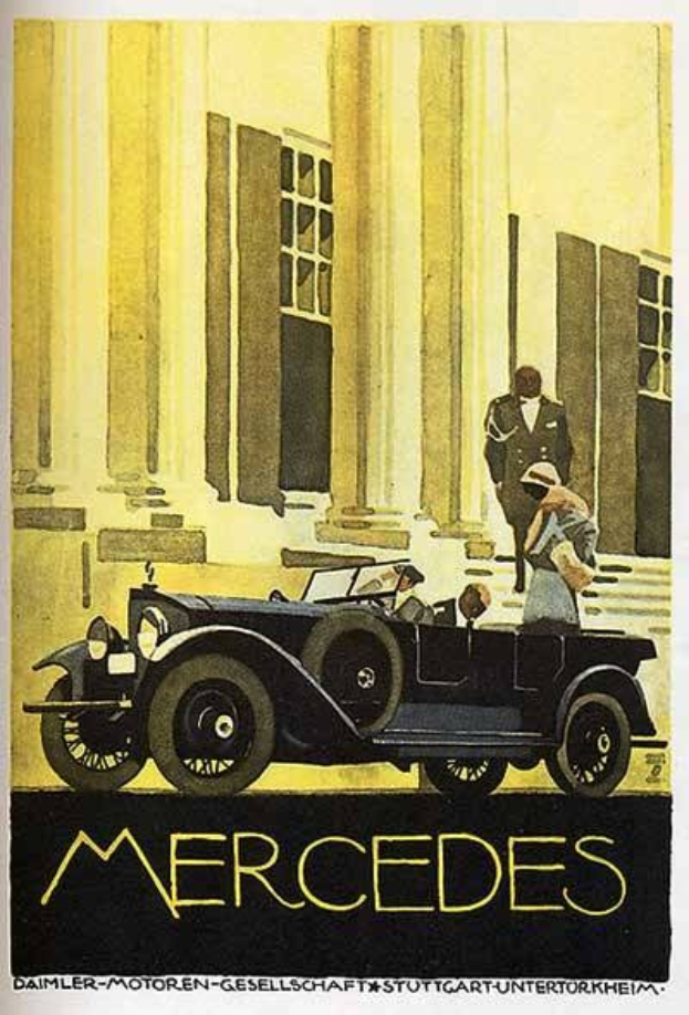 Vintage-Mercedes-Benz-Plakat aus den 1920er Jahren, das ein klassisches Auto zeigt, das vor einem modernen Glasgebäude mit zwei Personen im Auto geparkt ist, mit großer schwarzer Schrift, die unten 'Mercedes-Benz' lautet.