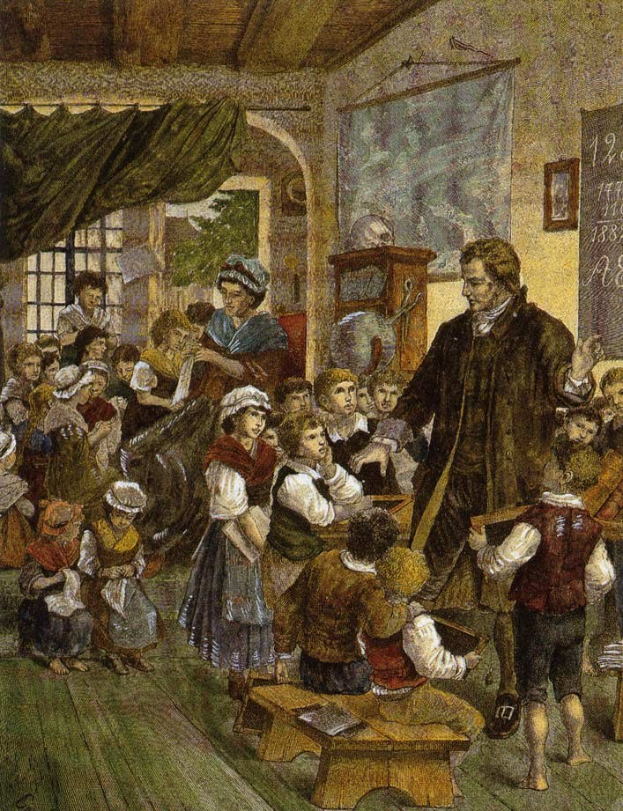 Gemälde mit dem Titel "Die Lehrerklasse" von William Hogarth, das einen Mann vor einem Klassenzimmer mit Kindern auf Bänken und auf dem Boden stehend zeigt, mit einer Tafel, einem Rahmenfoto, einem Fenster mit Vorhang und einer Decke.