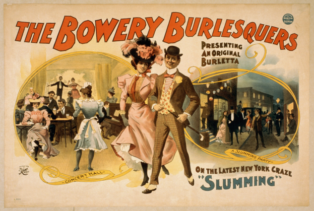 Plakat für "The Bowery Burlesquers" mit einer Gruppe tanzender Menschen vor Gebäuden, mit Veranstaltungseinzelheiten auf dem Plakat.
