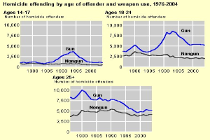 Balkendiagramm, das die Homicid-Offending-Rates nach Alter und Waffentyp (1976–2004) zeigt, mit begleitendem erklärendem Text.