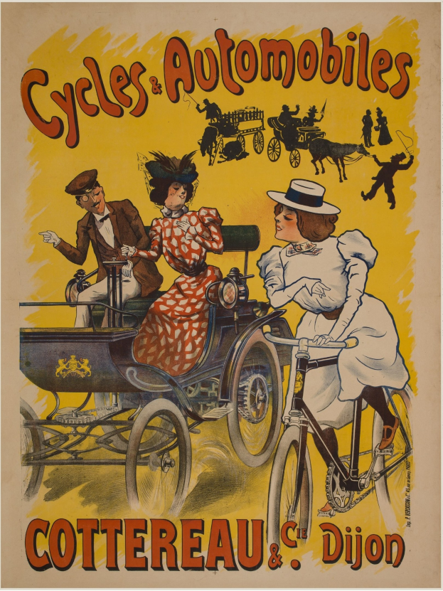 Plakat zur Förderung von Fahrrädern und Automobilen in Cottereau und Dijon, Frankreich, das Menschen auf Fahrrädern und eine Kutsche zeigt, mit der Aufschrift "Fahrräder und Automobile" oben.