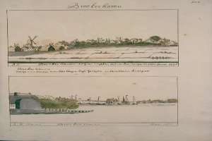 Ein aufgeschlagenes Buch mit einer Stadtansicht-Illustration, die Häuser, Bäume und eine Windmühle zeigt, begleitet von beschreibendem Text.