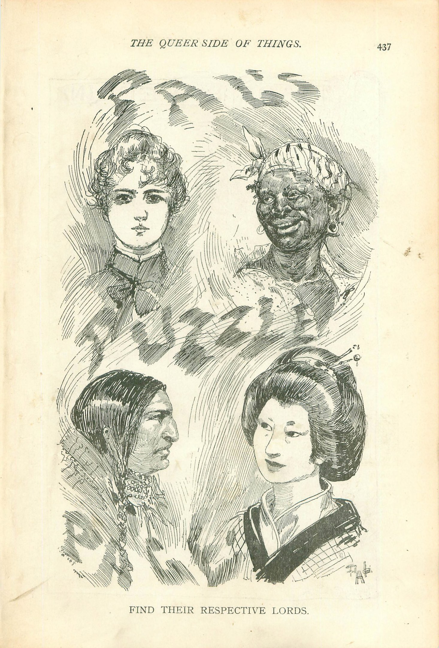 Ein altes Buch mit dem Titel "Die queere Seite der Dinge" mit vier illustrierten Frauenköpfen auf dem Cover.