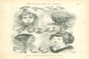 Ein altes Buch mit dem Titel "Die queere Seite der Dinge" mit vier illustrierten Frauenköpfen auf dem Cover.