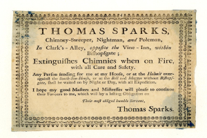 Eine Zeitungsannonce für Thomas Sparks, einen Schornsteinfeger und verwandte Dienstleistungen, die in Clark's Alley in der Nähe des Vine-Inn in Bishopsgate angezeigt wurde.
