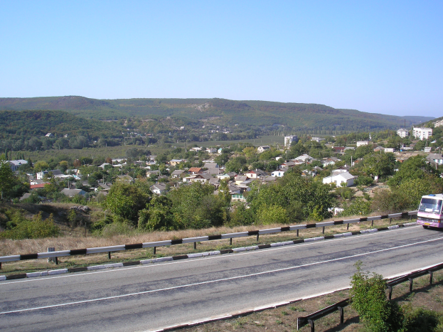 Ein Bus fahrt auf einer von einem Metallzaun ges├Ąumten Stra├če, mit Pflanzen, Gras, B├Ąumen, H├Ąusern, H├Ąngen und einem bew├Âlktem Himmel im Hintergrund.