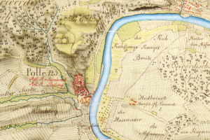 Ein detailliertes altes Stadtplan von Polle, Deutschland, mit Straßen, Gebäuden und einem Fluss, der durch die Stadt fließt.