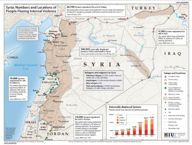 Plakat mit einer Syrienkarte, die die Anzahl der durch Gewalt internes vertriebenen Menschen zeigt, begleitet von Text und Grafiken.