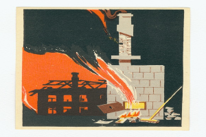 Ein Plakat, das ein baufälliges Gebäude zeigt, das in hellorangefarbenen und gelben Flammen steht, mit Rauch, der nach oben steigt und Schutt in der Umgebung, vor einem weißen Hintergrund.
