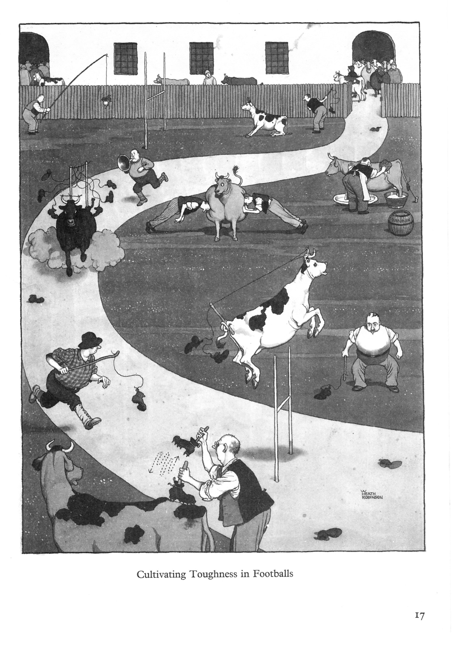 Schwarze und weiße Zeichnung von Menschen und Tieren auf einem Feld mit einer Wand und Fenstern im Hintergrund, mit dem Text "Züchtung von Robustheit im Füßball" unten.