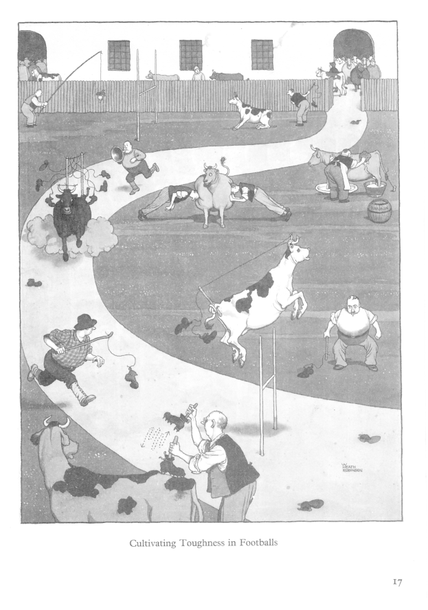 Schwarze und weiße Zeichnung von Menschen und Tieren auf einem Feld mit einer Wand und Fenstern im Hintergrund, mit dem Text "Züchtung von Robustheit im Füßball" unten.