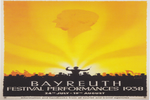 Plakat für die Bayreuther Festspiele 1938 mit einer zentralen Figur und einer Gruppe drumherum sowie Text mit Festivaldetails.