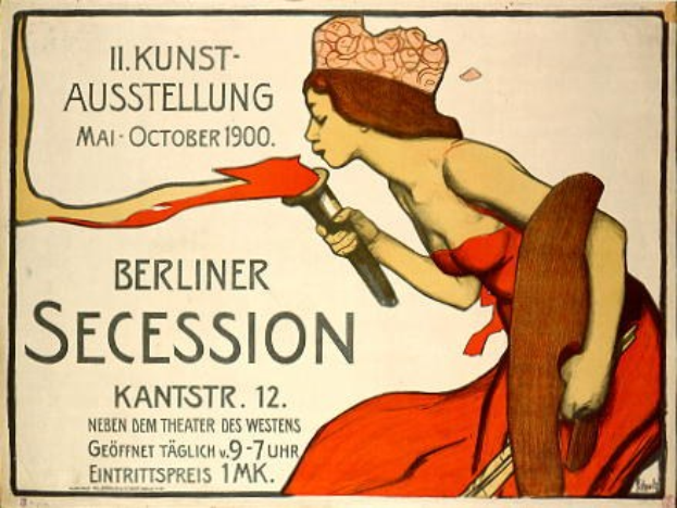 Plakat der Berliner Secession von 1900, das eine Frau in einem roten Kleid zeigt, die ein Objekt hält, mit Text zu den Ereignissen.
