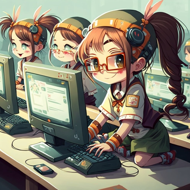 Anime-stil Illustration von mehreren Mädels mit Kopfhörern und Brille, die an Schreibtischen mit Computerbildschirmen, Tastaturen und Mäusen sitzen, in einer bunt animierten Umgebung.