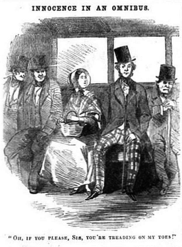 Eine Gruppe besorgter Menschen sitzt in einem Zug und schaut zu einer Frau in einem langen Kleid und Hut, die einen Korb hält, mit Text 'Unschuld in einer Omnibus' oben und unten im Bild.