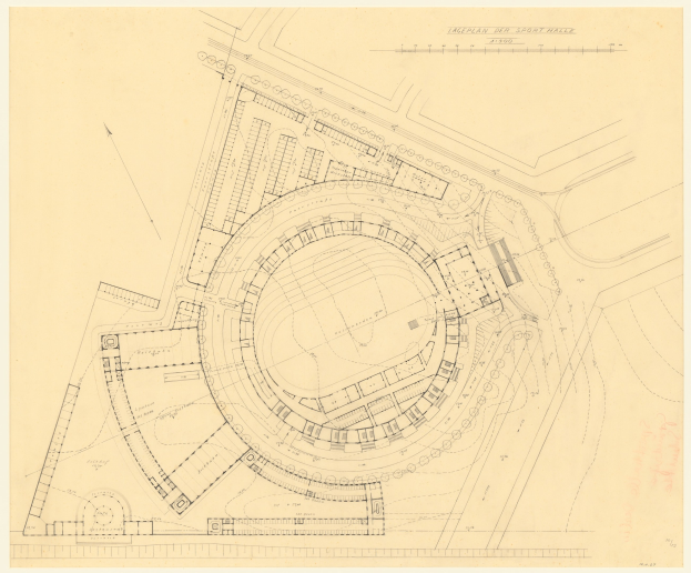 Eine detaillierte Zeichnung eines Stadiongrundrisses mit mehreren Gebäuden, beschrifteten Texten und Anmerkungen, die mutmaßlich für das neue Sportstadion in London erstellt wurde.