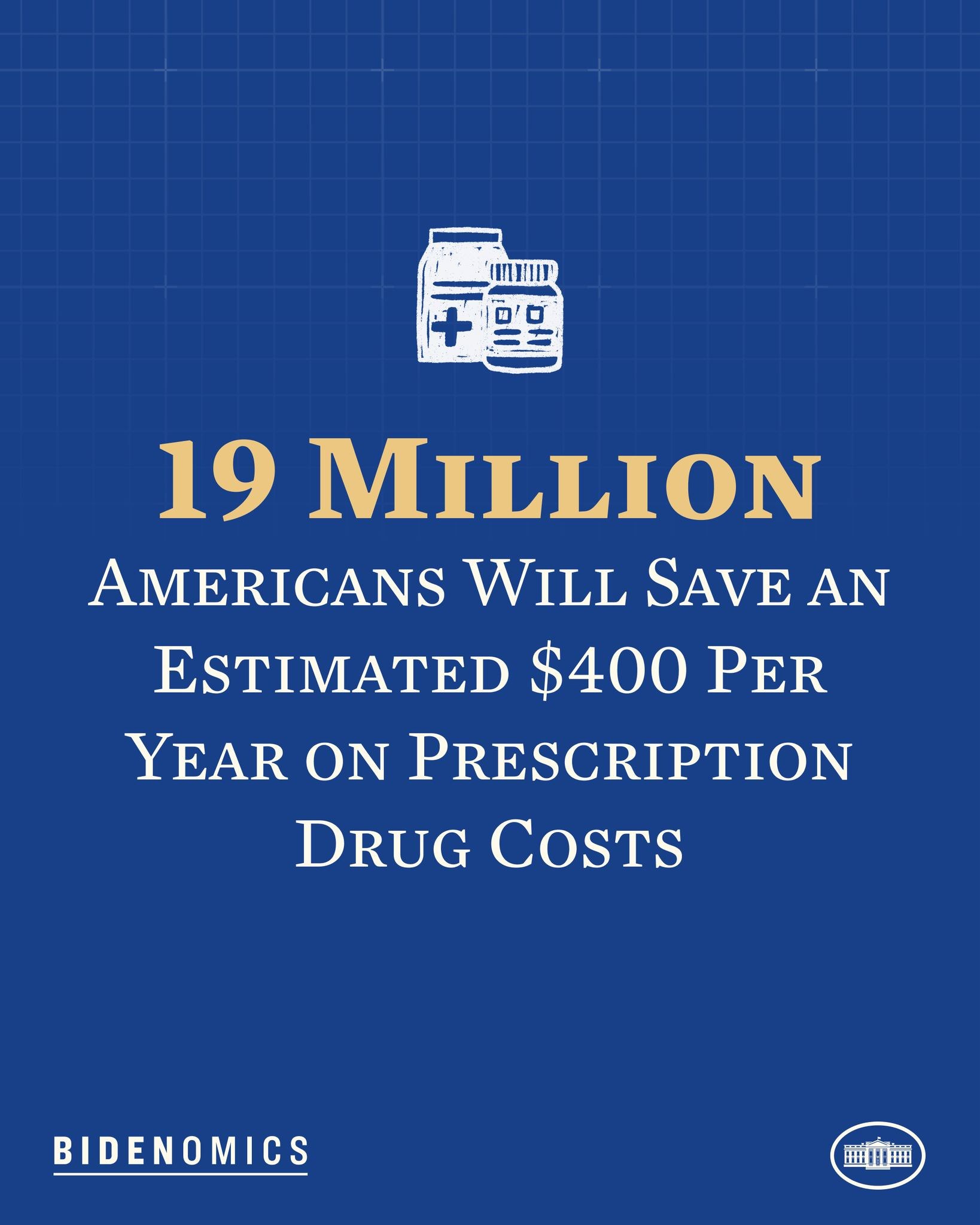 Blauer Hintergrund mit weißer Schrift und Logo, das "19 Millionen Amerikaner werden geschätzt 400 USD pro Jahr an Arzneimittelkosten sparen" angibt.