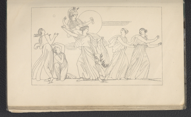 Ein Buchumschlag mit einer leuchtenden Illustration einer Gruppe tanzender Frauen in dynamischen Posen, mit detaillierter Kleidung und Gesichtern.