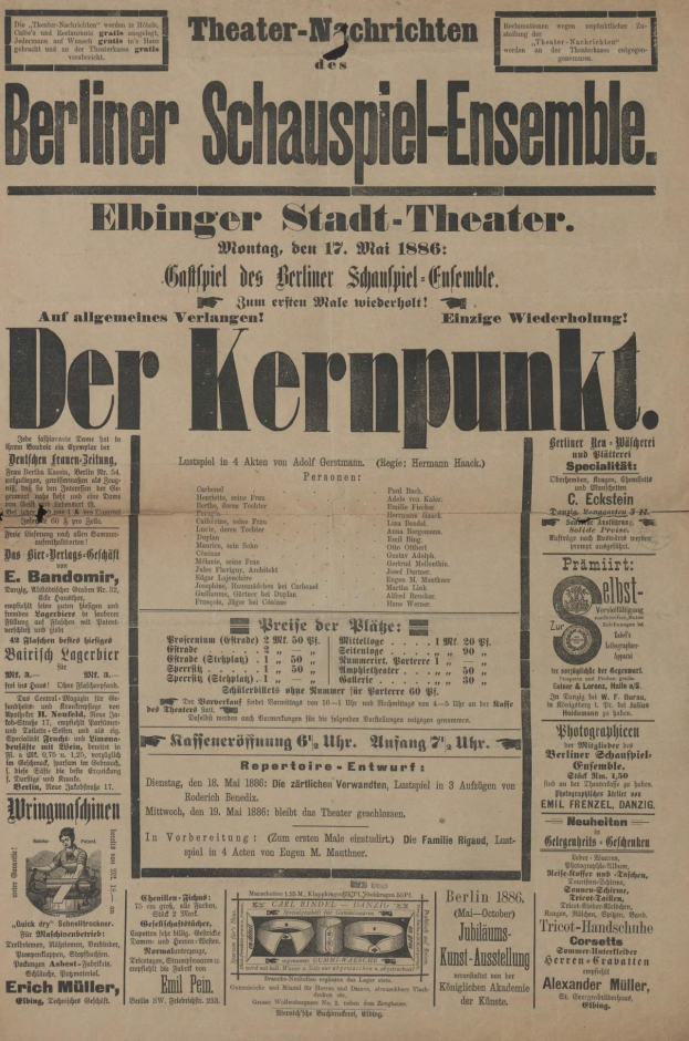 Schwarze-weiße-Zeitungsanzeige für das Berliner Schauspiel-Ensemble mit einem Mann im Anzug.