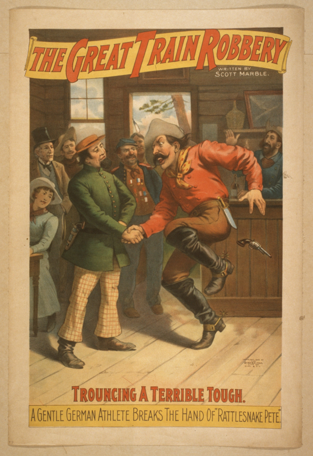 Ein Plakat, das eine Gruppe von Menschen auf einem Boden zeigt, einer hält eine Waffe, mit Text oben und unten "Die große Eisenbahnraub - Trouching ein schreckliches Tough".