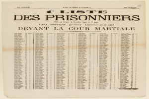 Eine alte, gelbliche Zeitung mit einer Liste von Gefangenen in zwei Spalten, einer für Gefangenennummern und einer für Namen, in schwarzer Tinte gedruckt.