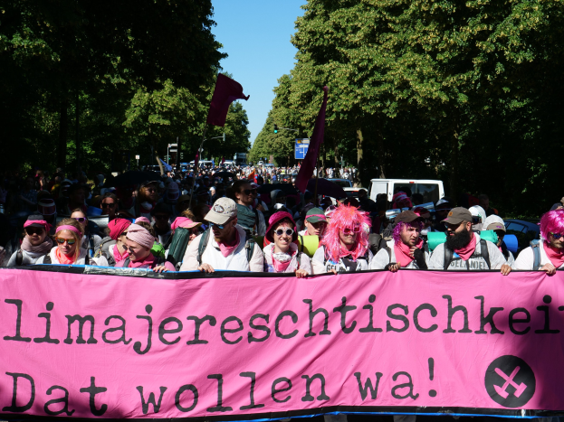 Eine Gruppe von Menschen marschiert die Straße entlang, hölt ein pinkes Banner mit der Aufschrift "Women's March in Berlin", einige tragen Kappen und Göggel, andere halten Fahnen, vor dem Hintergrund von Bäumen, Fahrzeugen und Himmel.