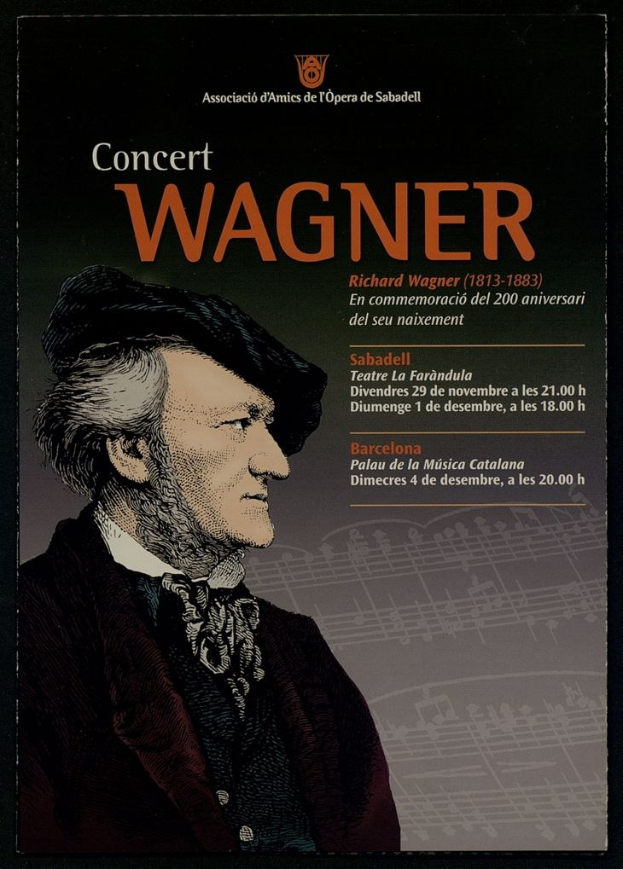 Ein Konzertplakat mit einem zentralen Porträt von Richard Wagner in einem schwarzen Anzug mit zurückgekämmtem Haar auf einem hellblauen Hintergrund mit fetter schwarzer Schrift.